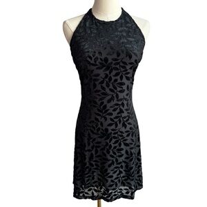Vintage 90s Y2K 00s Rhapsody Halter Mini Dress Sz L Black Velvet Burnout Party